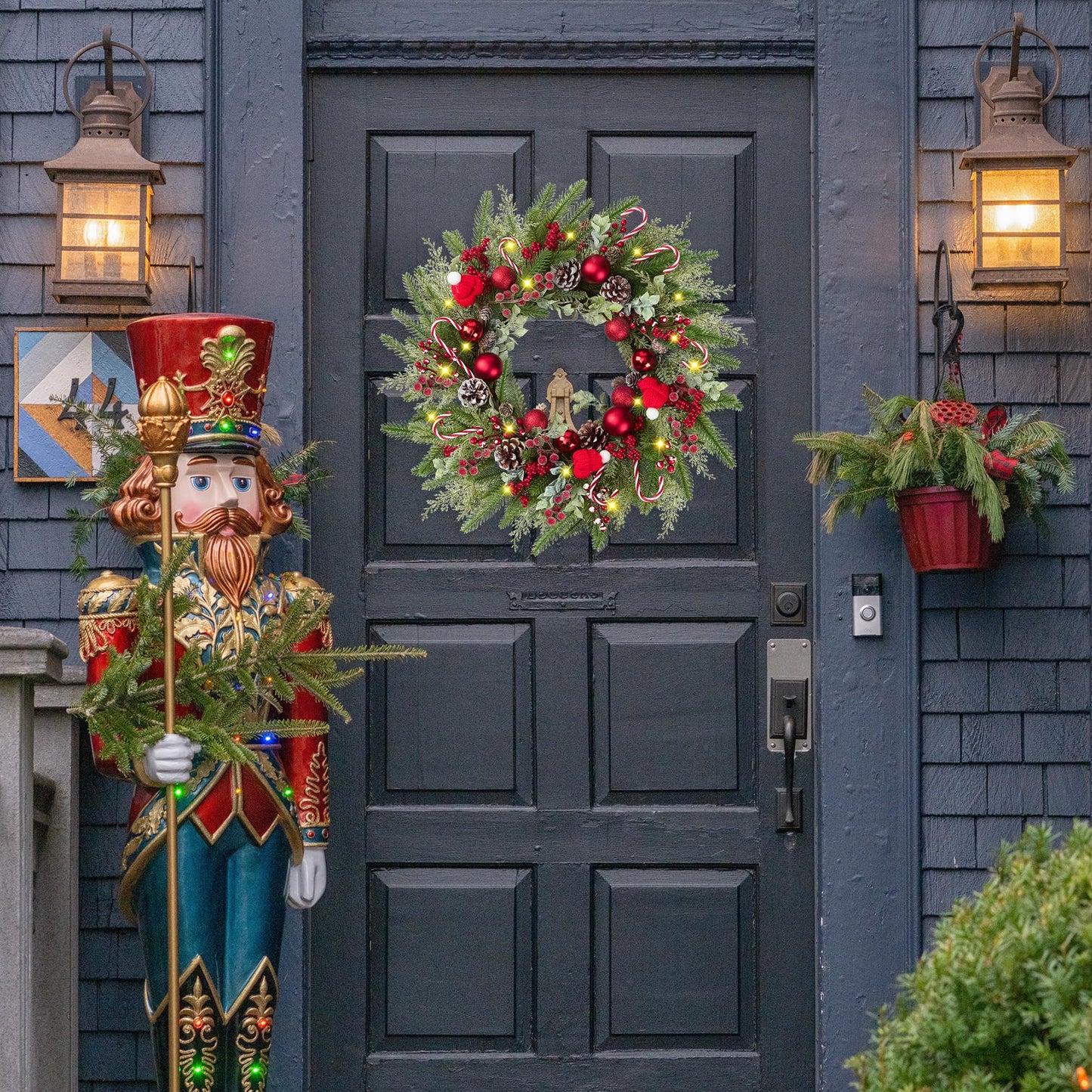 22’’ Artificial Christmas Wreath for Front Door with Red Balls Candy Canes Pine Needles Red Berries Pine Cones Christmas Decorations for Winter Wall Outdoor Home Holiday Xmas Decor
