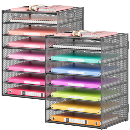 Lavatino 2 Pack 8-Tier Office Desk File Organizer, Letter Tray Paper Organizer with Handle, Including 5 Adjustable Slide Trays for Organizing Desk Workspace Accessories and Supplies (Grey Metal Mesh)