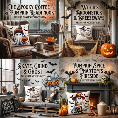 Fall Halloween Thanksgiving Pillow Covers 18x18 Set of 4, Faux Linen Polyester Decorative Throw Pillow Cases for Harvest Home Sofa Couch Bed Decor (CuteGhost)