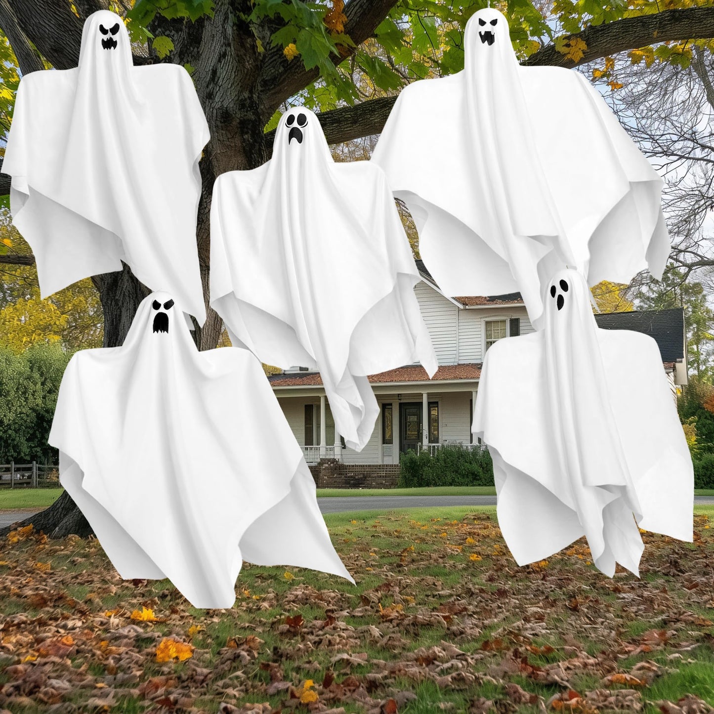 JOYIN 27.5" Halloween Hanging Ghosts Outdoor Decoration(5 Pack), Cute Flying Ghosts for Halloween Front Yard Patio Lawn Garden Party Décor and Holiday Hanging Decorations