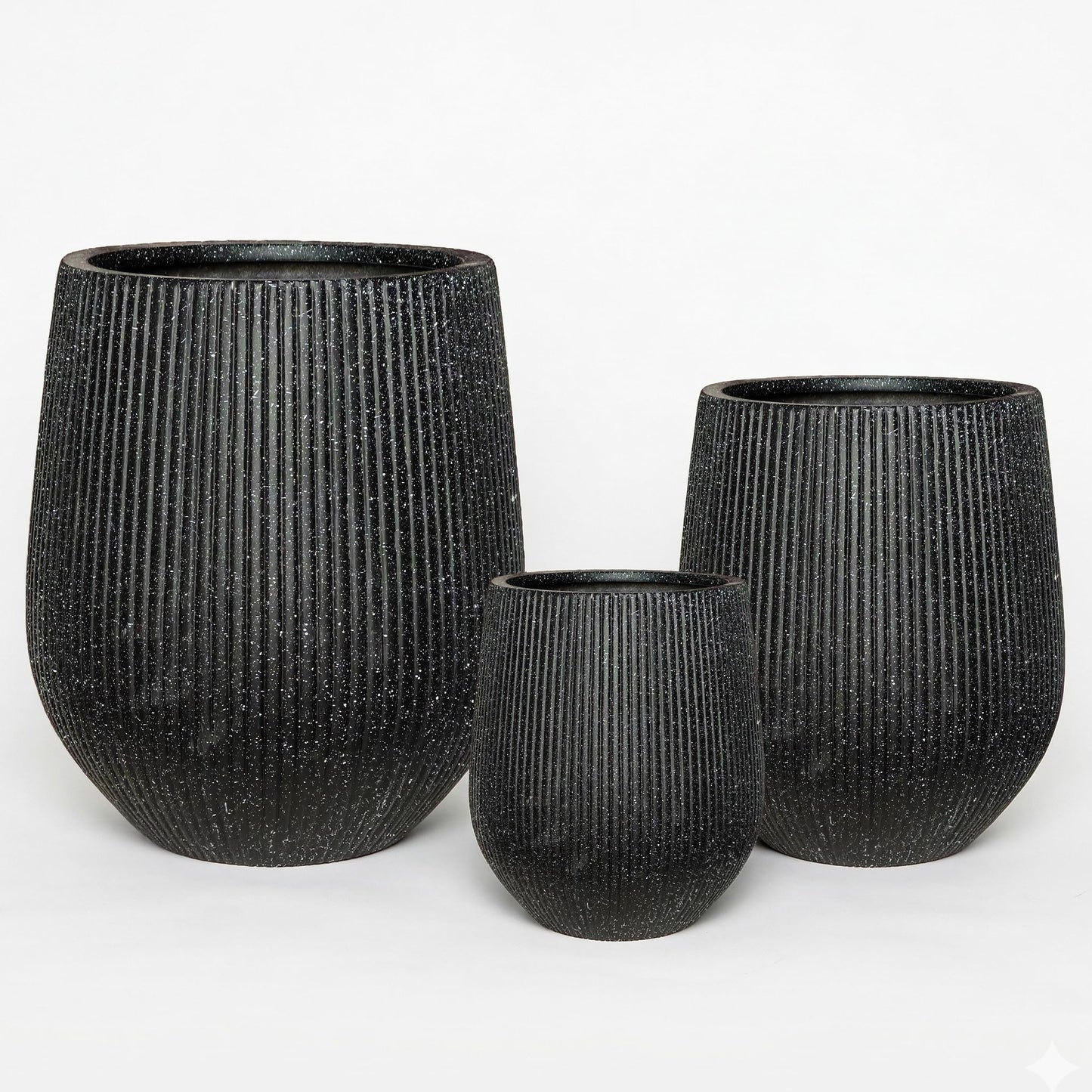 DTY Premium Mt Wilson Tall Tapered Fiberstone Planter for Indoor Outdoor Use, Modern Large Olive Tree Pot with Drainage Hole, 2 Coco Mats. Ribbed Black, Medium 15'' D x 16.7” H. 11.2” Pot Opening