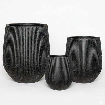 DTY Premium Mt Wilson Tall Tapered Fiberstone Planter for Indoor Outdoor Use, Modern Large Olive Tree Pot with Drainage Hole, 2 Coco Mats. Ribbed Black, Medium 15'' D x 16.7” H. 11.2” Pot Opening