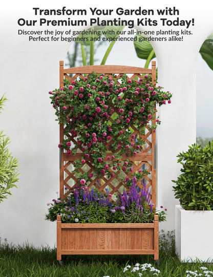 29.5 in x 13 in x 61.5 in Wood Planter Box With Trellis For Plant & Flower, Raised Garden Bed With Wheels, Standing Vertical Horticulture Trellis Planter With Drainage Holes for Patio Garden, 2PCS