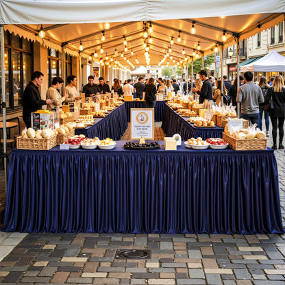 Wish Care 6ft Navy Blue Satin Table Skirt for Rectangle Tables Wrinkle Free Teacher Desk Skirt Glitter Ruffle Table Skirting Cloth for Back to School Classroom Office Dorm Birthday Party Table Decor