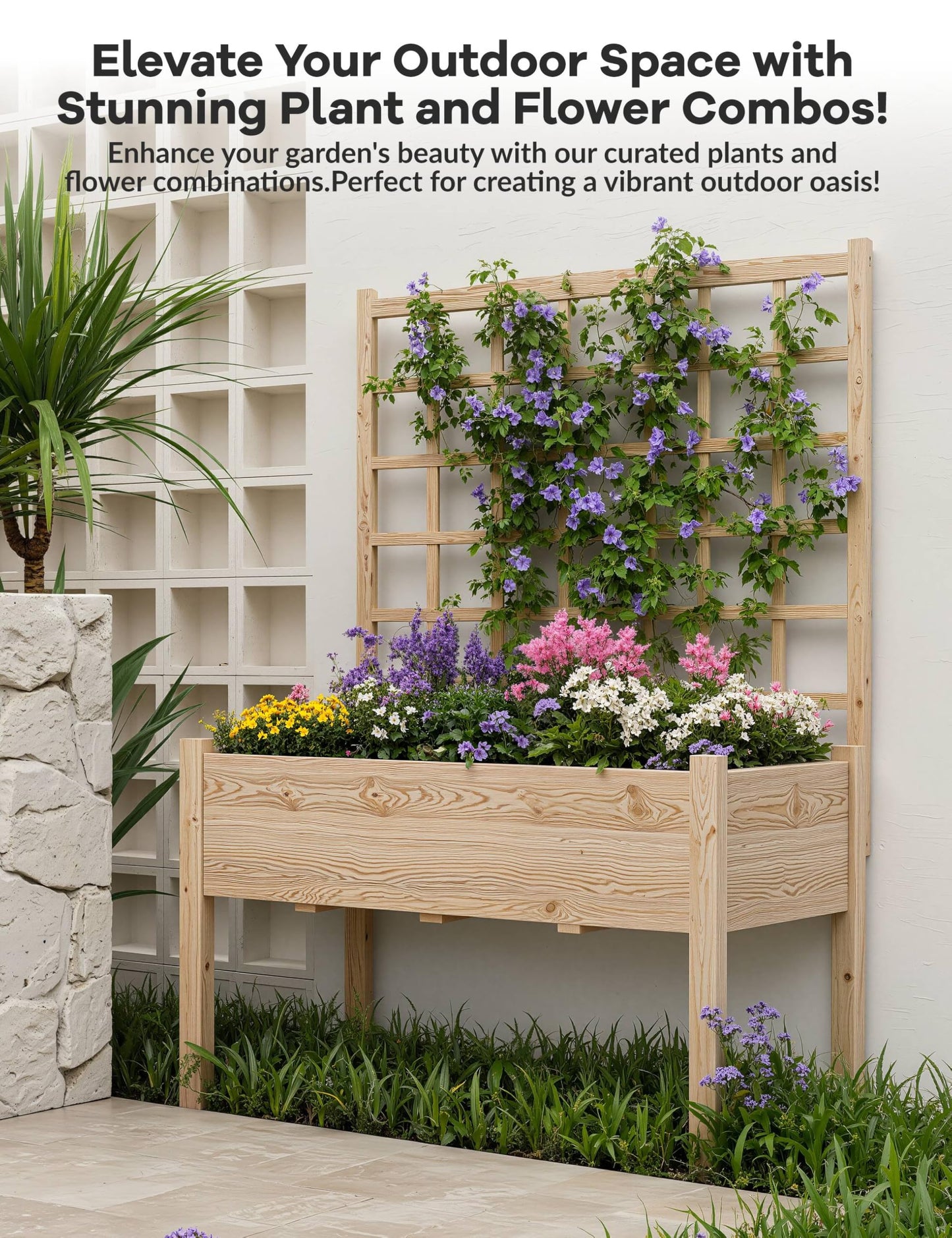 Elevated Garden Planter with Trellis - Tall Raised Bed with Legs for Climbing Vines, Vegetables & Flowers - Perfect for Patio, Balcony or Backyard, 46"x23"x65"