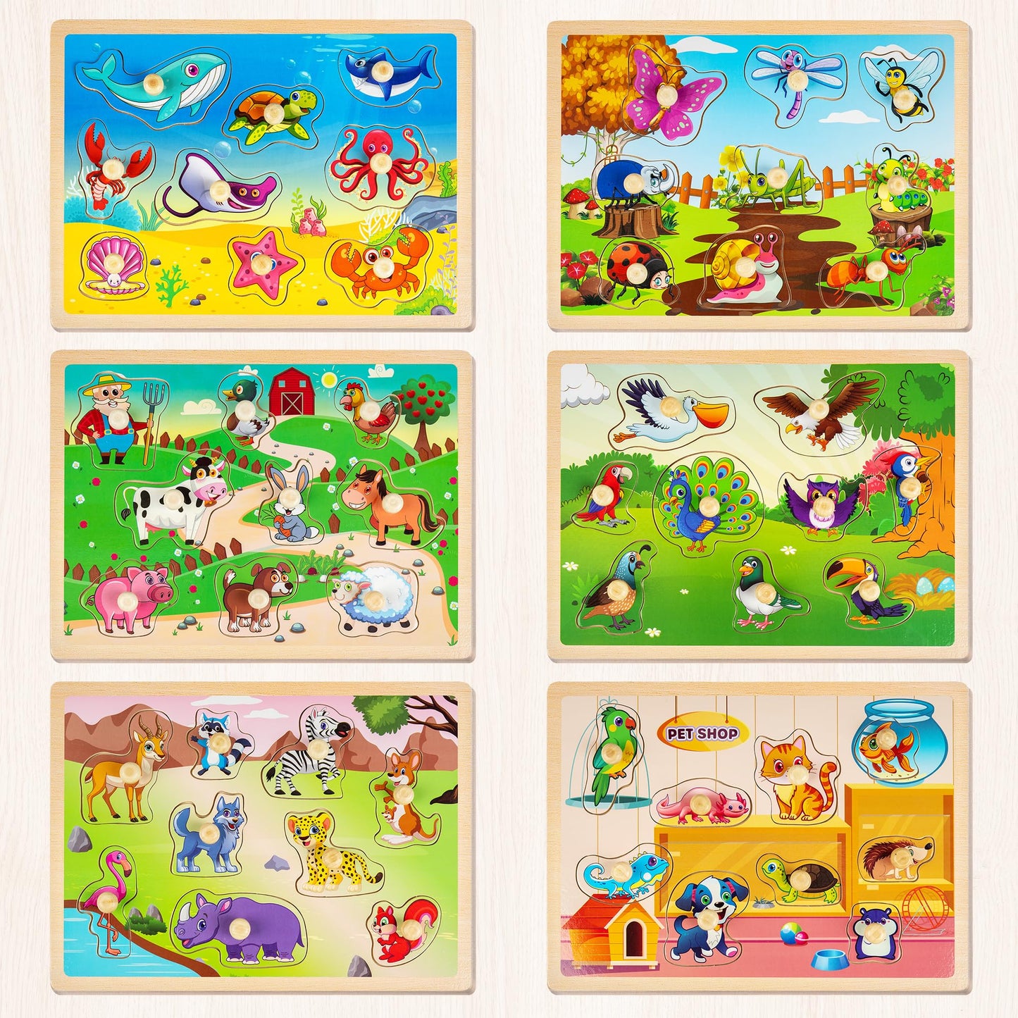 SYNARRY Wooden Puzzles for Toddlers 1-3, 6XSET Animals Puzzles for Toddlers 2-4 with Rack, Toddler Puzzles Ages 2-4, Kids Learning Educational Montessori Toys, Education Toys for 2 3 Years Boys Girls