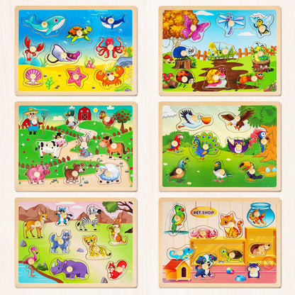 SYNARRY Wooden Puzzles for Toddlers 1-3, 6XSET Animals Puzzles for Toddlers 2-4 with Rack, Toddler Puzzles Ages 2-4, Kids Learning Educational Montessori Toys, Education Toys for 2 3 Years Boys Girls
