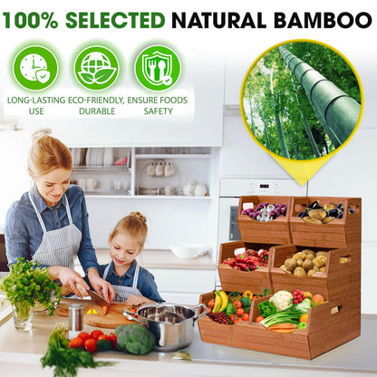 [Upgraded] 3-tier Stackable Bamboo Pantry Storage Bins, Potato and Onion Storage Baskets with Handles, Removable Divider, Pantry Organizer Holder for Kitchen, Office, Cabinet, Fruit Storage (Walnut)