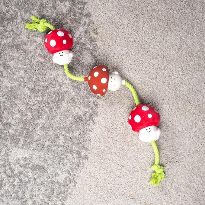 Fuzzl Tugga Magic Shrooms Dog Toy 75cm - Rope Latex and Plush Dog and Puppy Throw Fetch and Tug with Squeaker Mushrooms Enrichment