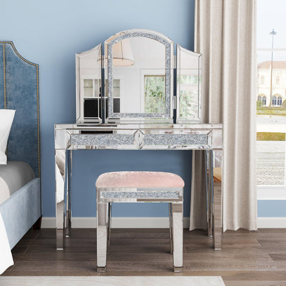 blingworld Mirrored Vanity Stool with Crushed Diamond Inlay Velvet Cushion 19.7'' Tall Stylish Makeup Chair for Bedroom, Vanity Chair, Ottoman for Living Room