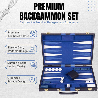 Premium Backgammon 18 Inches Large Blue - Backgammon Sets for Adults and Kids - Leatherette Back Gammon Board Game Set - Travel Backgammon Set Board Encased with Accessories