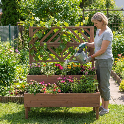 Giantex Raised Garden Bed with Trellis, 2-Tier Standing Planter Box with Legs and Drain Holes, Outdoor Elevated Garden Trellis for Vine Climbing, Flower Vegetable Fruit Herb Growing, Coffee Brown