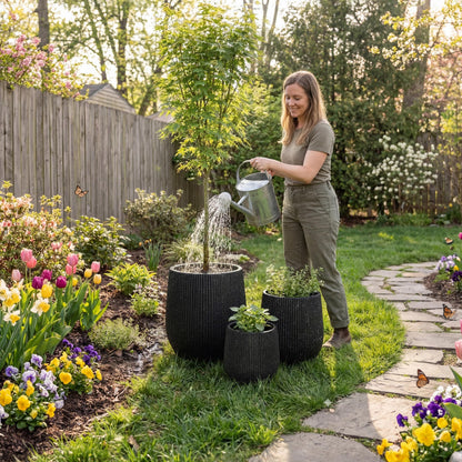 DTY Premium Mt Wilson Tall Tapered Fiberstone Planter for Indoor Outdoor Use, Modern Large Olive Tree Pot with Drainage Hole, 2 Coco Mats. Ribbed Black, Medium 15'' D x 16.7” H. 11.2” Pot Opening