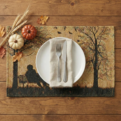 DaDalogy Farmhouse Rustic Dining Placemats - Set of 4 Tapestry Woven Cotton Halloween Kitchen Table Mats Fall Silhouette Decor - Family Cozy Cabin Orange Tan Black Decorative - 13” x 19”