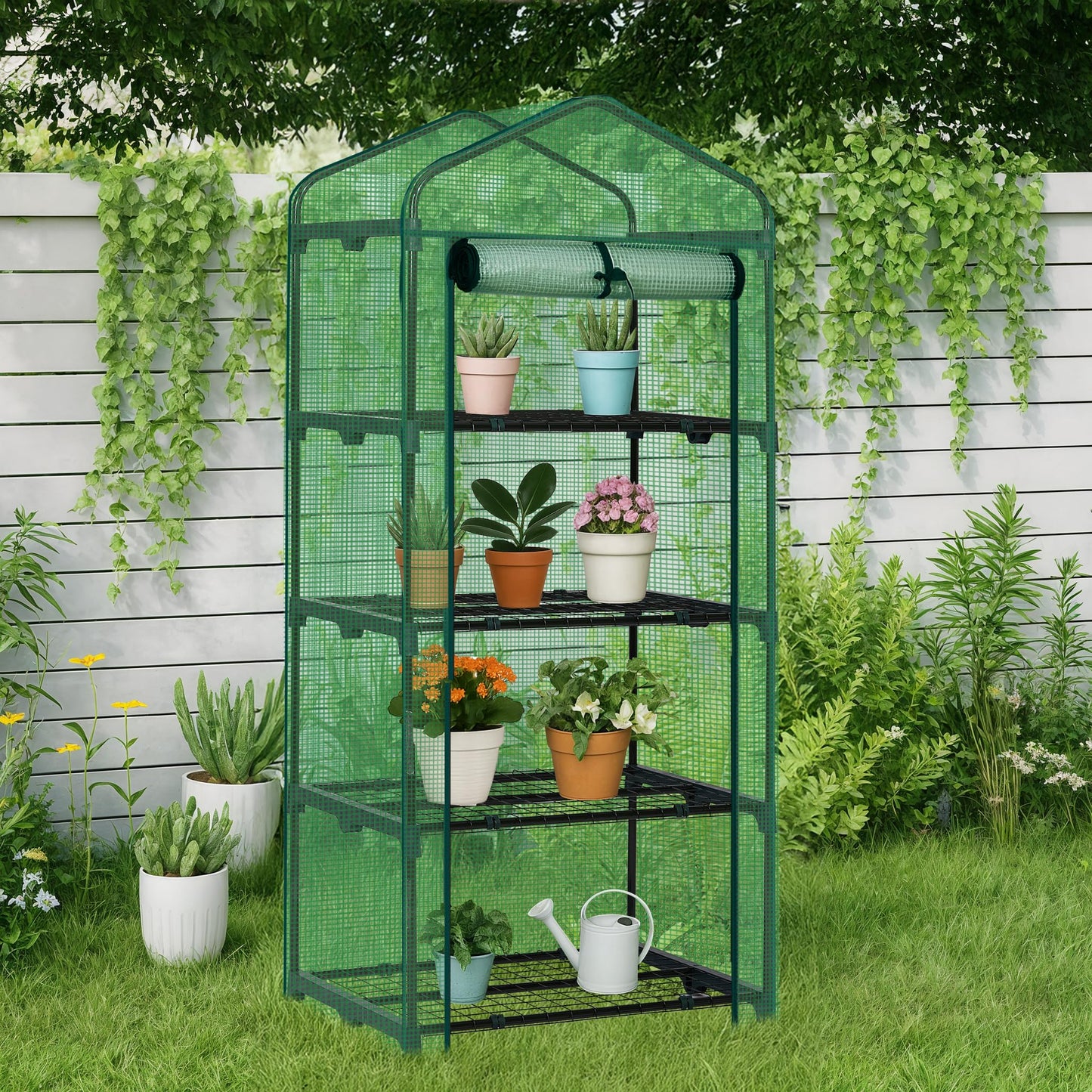 Outvita Mini Greenhouse, Small PE Plant Green House with 4 Tiers Rack, Shelf Clips, Roll-up Zipper Door, Gardening Supplies for Indoor Outdoor Seedling Frost Protection , 27"x19.6"x63" Green