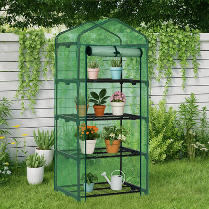 Outvita Mini Greenhouse, Small PE Plant Green House with 4 Tiers Rack, Shelf Clips, Roll-up Zipper Door, Gardening Supplies for Indoor Outdoor Seedling Frost Protection , 27"x19.6"x63" Green
