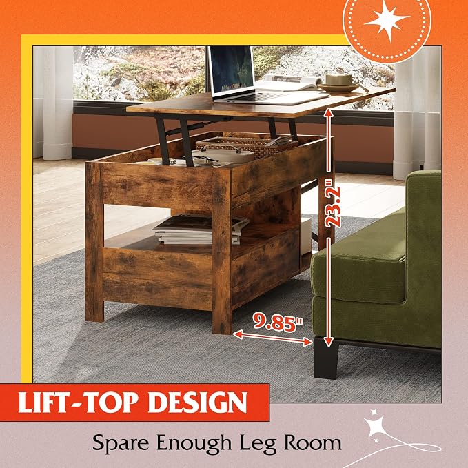 WLIVE Coffee Table, 39" Lift Top Coffee Table with Storage Drawers and Hidden Compartment for Living Room, Retro Central Table with Wooden Lift Tabletop Reception Room, Rustic Brown