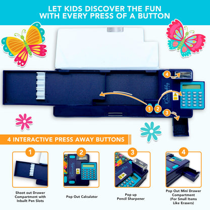 Decorably Pop Up Butterfly Multifunctional Pencil Case for Girls with Calculator, Sharpener, Pen Slots, Mini Drawer and 2 Main Compartments with Magnetic Closure - Back to School Gift for Kids