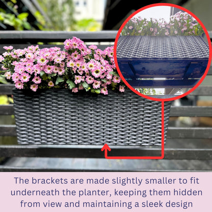 LaLaGreen Outdoor Rail Planter for Balcony (20 Inch, 2 Pack) Large Black Self Watering Deck Railings Planters with Brackets, Rectangular Plastic Fence Flower Box Designer Choice with Rattan Pattern
