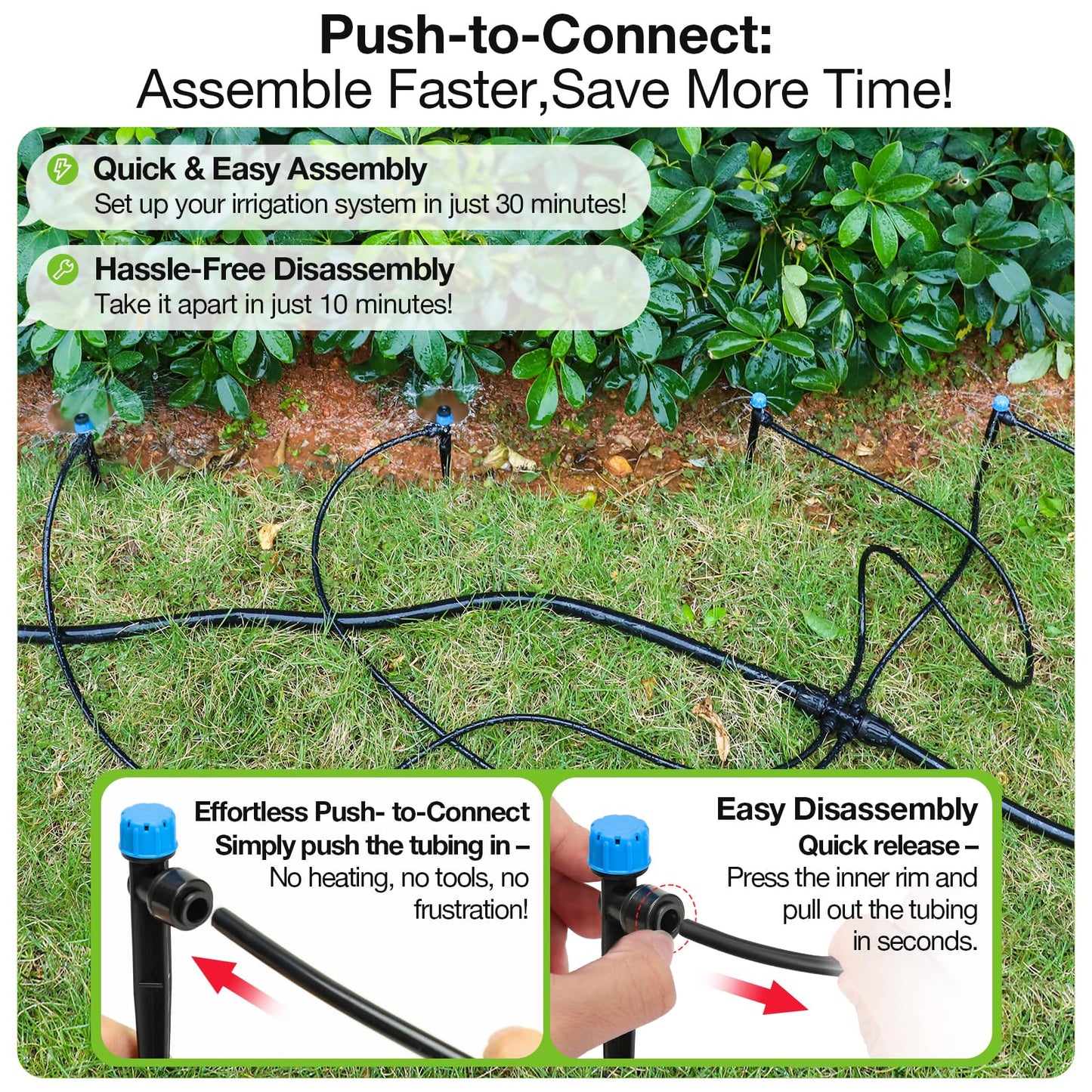 The Bundle of MIXC 20 Pack Quick Connector Drip Emitter Stream and MIXC 100FT 1/4 Inch Distribution Tubing Black