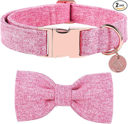 DOGWONG Hemp Cotton Dog Collar with Bow, Pink Pet Collar Durable Adjustable Girl Puppy Collar for Small Medium Large Dogs