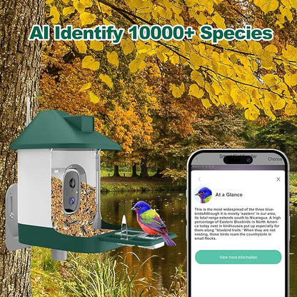 Bird Feeder with Camera,Smart Birdwatching Camera with Solar Powered,AI Identify Species,Instant Notifications,FHD Live View,Auto Record Video in Backyard,Ideal Gifts for Family and Bird Lovers