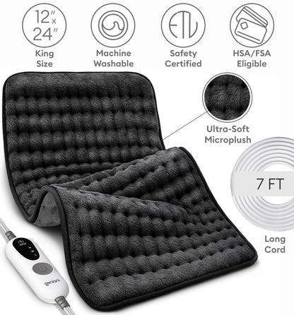 GENIANI Electric Throw - XL Electric Heating Pad for Back Pain & Cramps Relief, Birthday for Women Men Auto Shut Off, Machine Washable, Heat Pad for Neck & Shoulder, 12×24", Tabby Gray