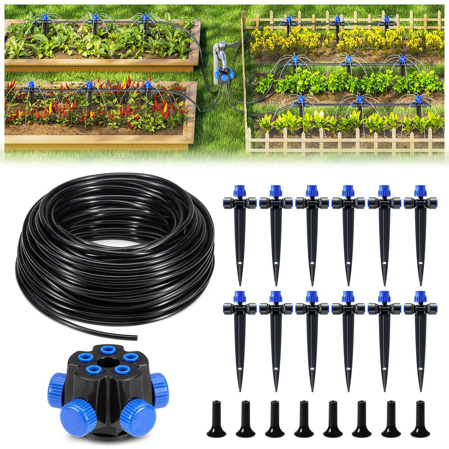 HIRALIY 50FT Garden Drip Irrigation Kit, Automatic Watering System with 5-Way Connector, Quick Connectors, Adjustable Drippers, Raised Bed, Patio