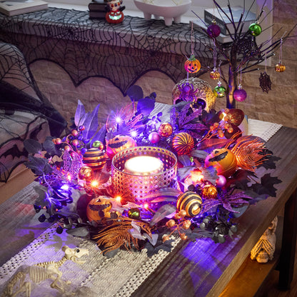 Valery Madelyn Collapsible Halloween Wreath for Front Door with Lights, 24 Inch Pre-Lit Jack-o'-Lantern Pumpkin Wreath Halloween Decorations for Centerpiece Window Indoor Party Holiday Wall Home Decor