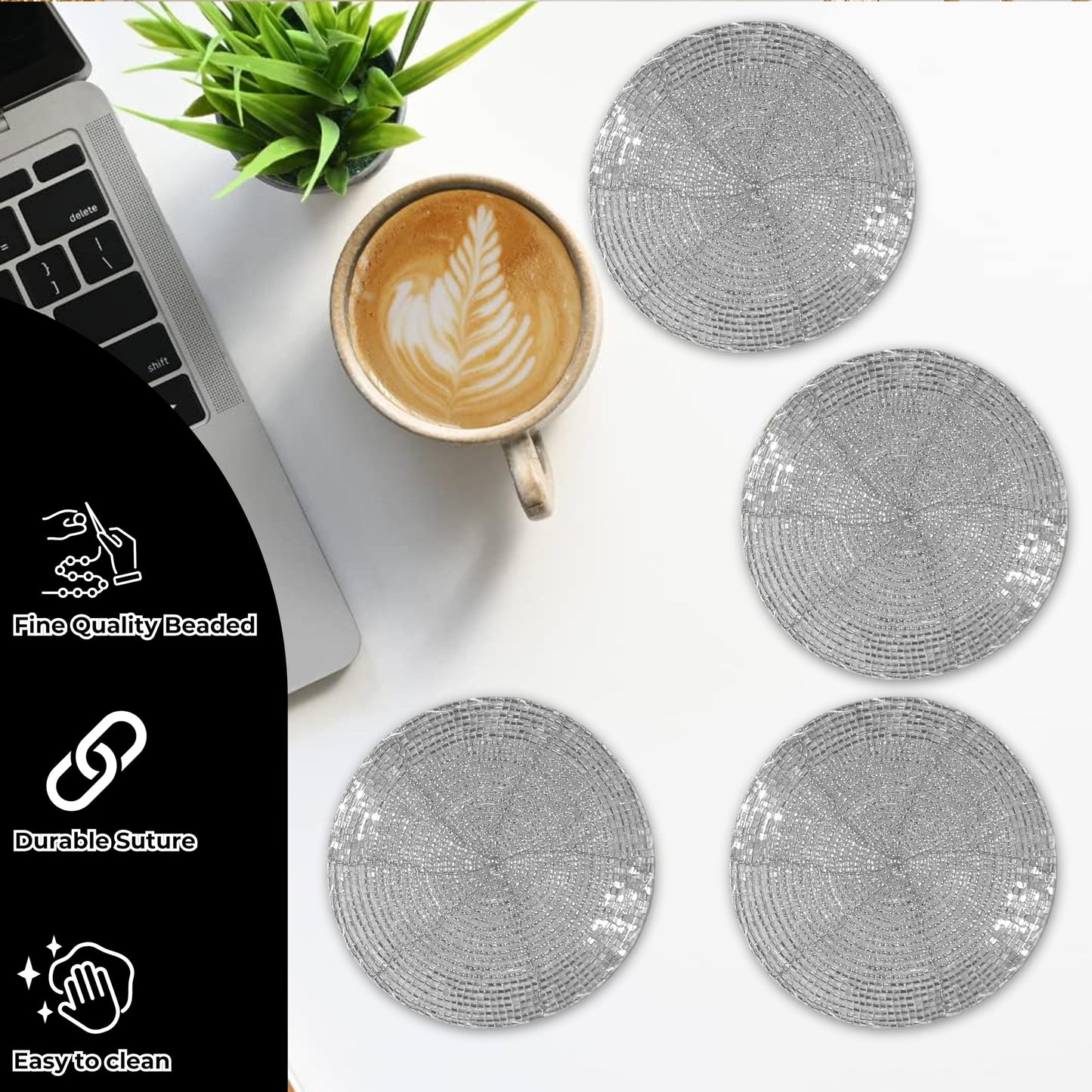 Silver Coasters Set of 4,Handmade Beaded Bar Drink Tabletop Protection Coasters - Halloween Harvest Autumn Fall Thanksgiving Holiday Christmas Xmas Celebration Festive Party 4" Round - Silver