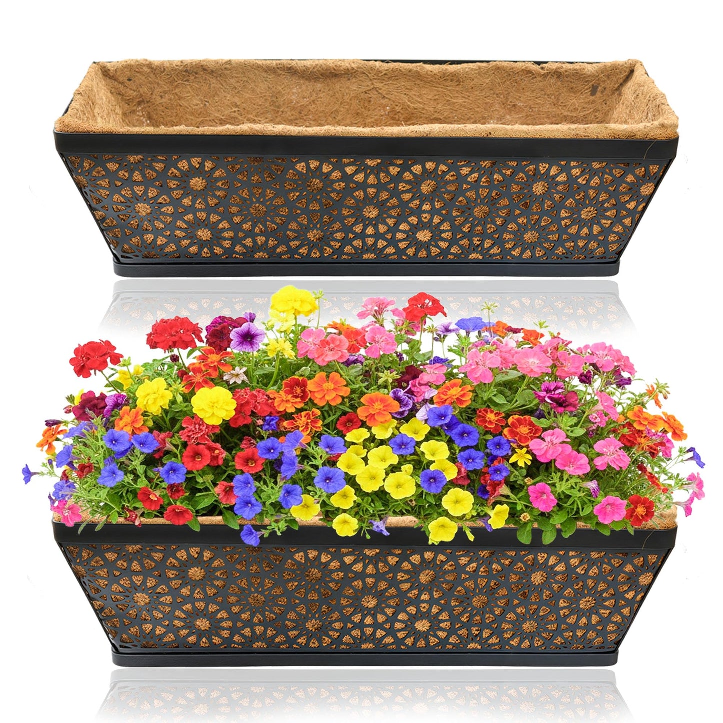 XXFBJNMD 2 Pack 24 Inch Window Boxes Planters with Coco Coir Liner Metal Hanging Flower Planter Window Basket Deck Railing Planter Boxes for Outdoor Indoor Lawn