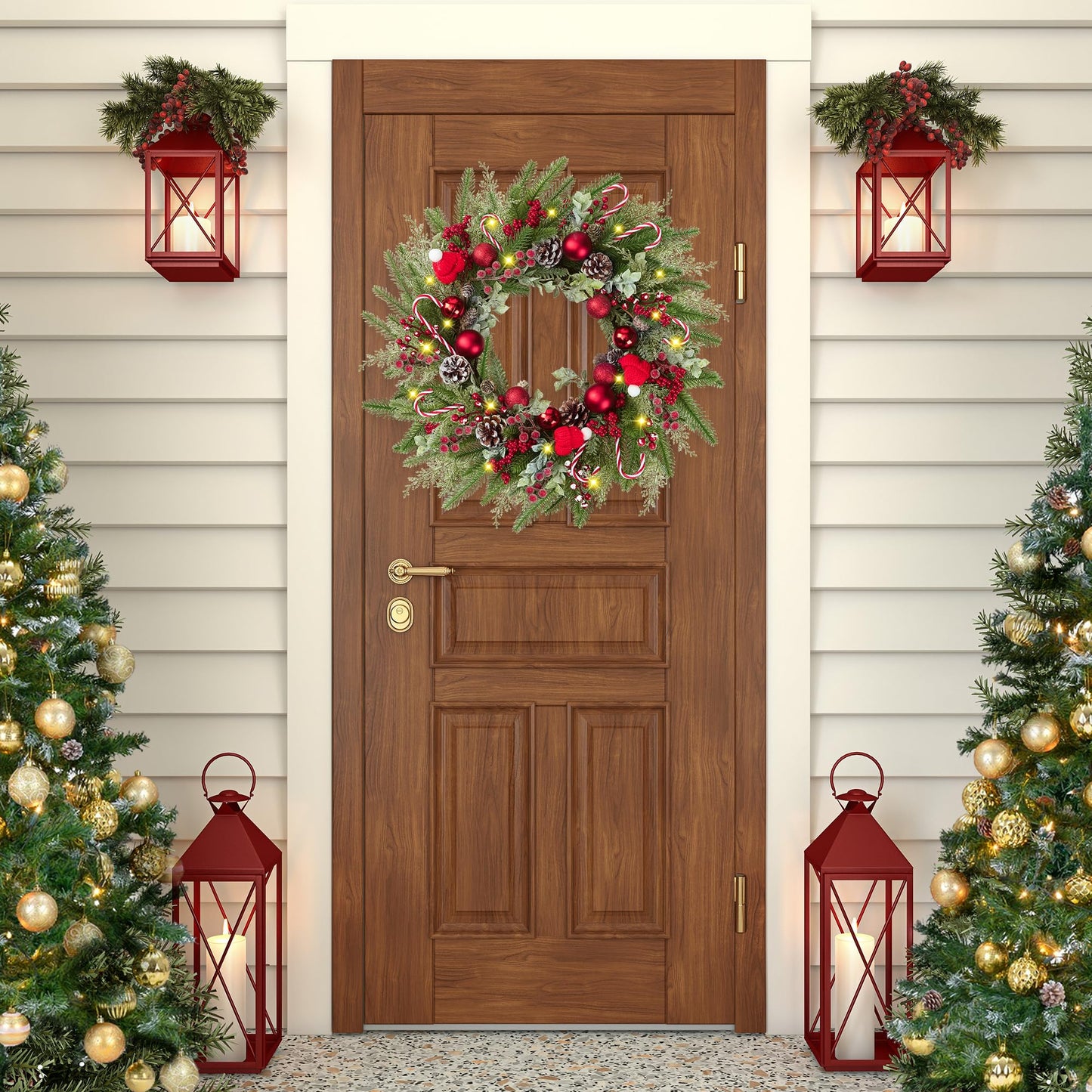 22’’ Artificial Christmas Wreath for Front Door with Red Balls Candy Canes Pine Needles Red Berries Pine Cones Christmas Decorations for Winter Wall Outdoor Home Holiday Xmas Decor