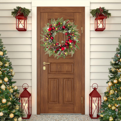22’’ Artificial Christmas Wreath for Front Door with Red Balls Candy Canes Pine Needles Red Berries Pine Cones Christmas Decorations for Winter Wall Outdoor Home Holiday Xmas Decor