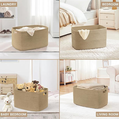 86L Large Wicker Laundry Basket for Living Room Storage,Boho Woven Cotton Rope Baskets for Kids Toy,Gifts,Square Blanket Hamper for Bedroom Dirty Clothes,Jute