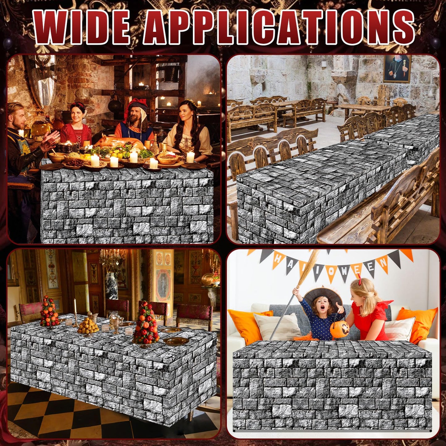 6Ft Medieval Brick Stone Wall Tablecloth Cobblestone Birthday Table Covers Decoration Castle Washable Fabric Polyester Rectangle Stone Table Cover for Halloween Knight Western Party Favors