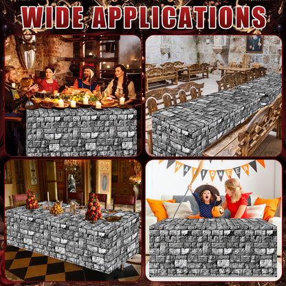 6Ft Medieval Brick Stone Wall Tablecloth Cobblestone Birthday Table Covers Decoration Castle Washable Fabric Polyester Rectangle Stone Table Cover for Halloween Knight Western Party Favors