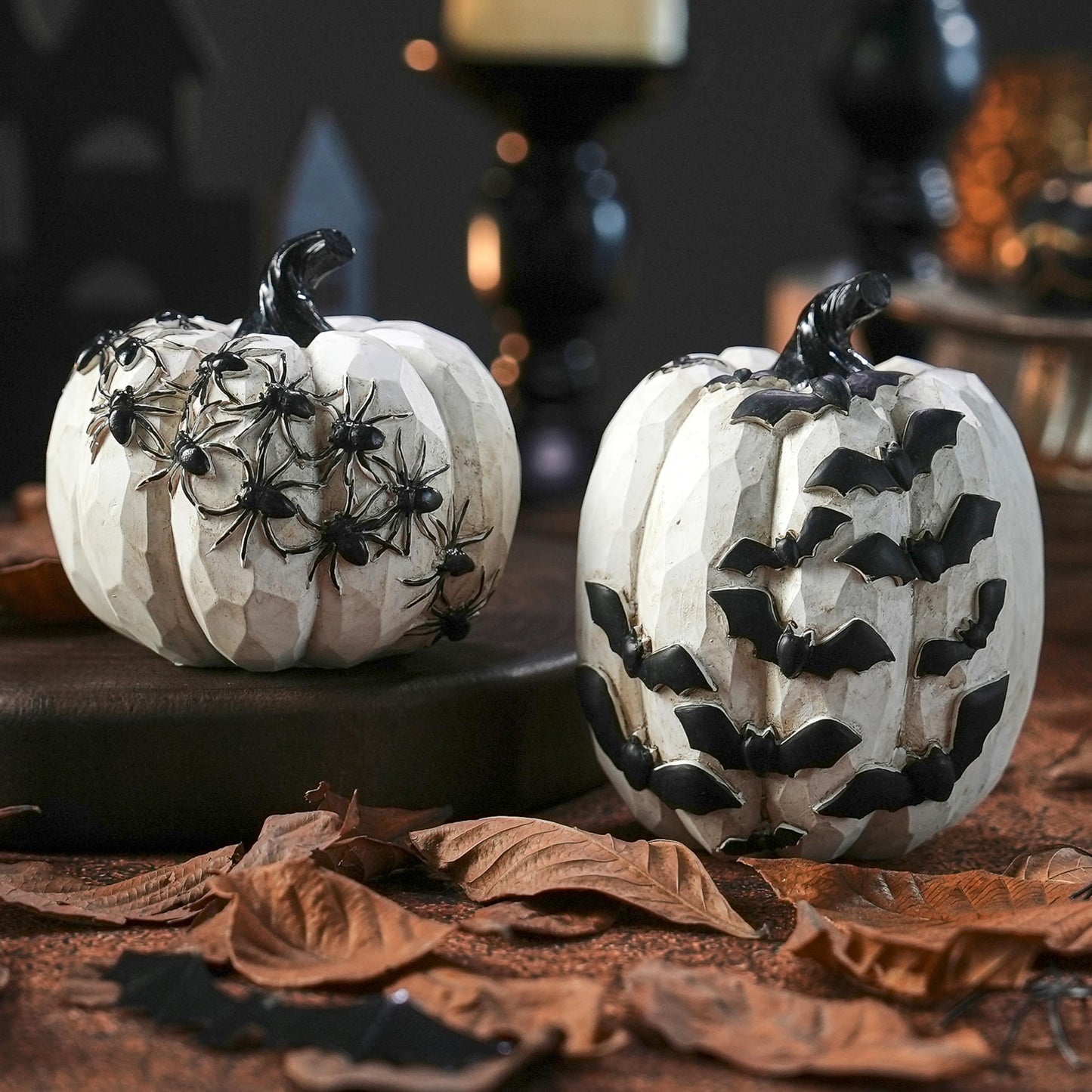 FESTGLOX Resin Halloween Pumpkins with Bats and Spiders, 2Pcs White and Black Pumpkin Decor, Small Decorative Pumpkin for Halloween Decorations, Home Tabletop Indoor Party Decor