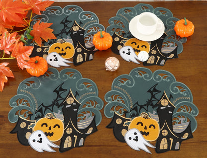 Holiday Halloween Placemats Set of 4 Cutwork Applique Embroidered Pumpkins and Bats Dresser Scarf for Home Dining Autumn Thanksgiving Tabletop Decoration (Style 1, 14" Placemats Set of 4)