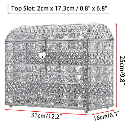 JUXYES Silver Sparkle Crystal Wedding Card Box With Lid for Reception, Gorgeous Treasure Chest Style Keepsake Envelope Box 12 Inches Large Card Receiving Box for Wedding, Reception, Birthday Party