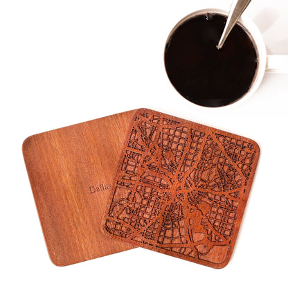 Dallas Map Coaster by O3 Design Studio, Set Of 4, Sapele Wooden Coaster With City Map, Handmade