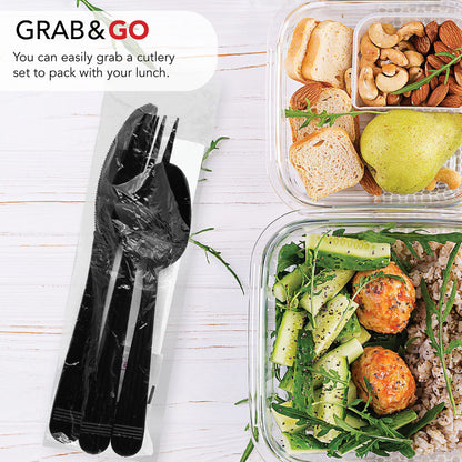 Party Essentials Individually Wrapped Plastic Cutlery Kits/Packets, Includes Heavy Duty Black Fork/Spoon/Knife/Napkin/Salt/Pepper, 250 Sets