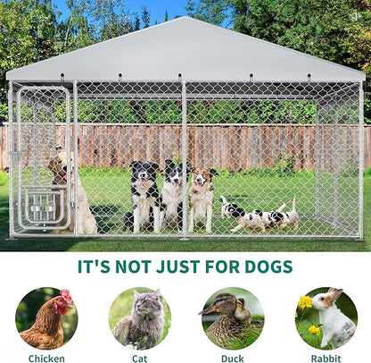 YITAHOME 10'x10' Outdoor Dog Kennel with Rotating Feeder Bowls, Outdoor Dog Enclosure with Roof, Heavy Duty Dog Cage for Large Dogs
