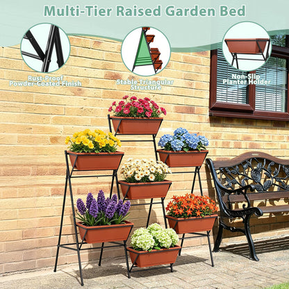 Sunexinlo 5-Tier Vertical Garden Planter with 7 Plant Boxes & Drainage Trays, Metal Freestanding Raised Bed for Herbs Flowers Vegetables, Indoor Outdoor for Patio Balcony Deck, Brick Red
