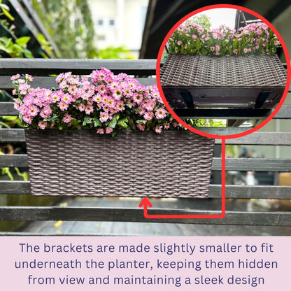 LaLaGreen Deck Railing Planter Box (20 Inch, 4 Pack) Brown Rectangular Window Flower Boxes with Bracket, Self Watering System Hanging Planter Box for Outdoor Plant Container Herb Rail Fence Balcony
