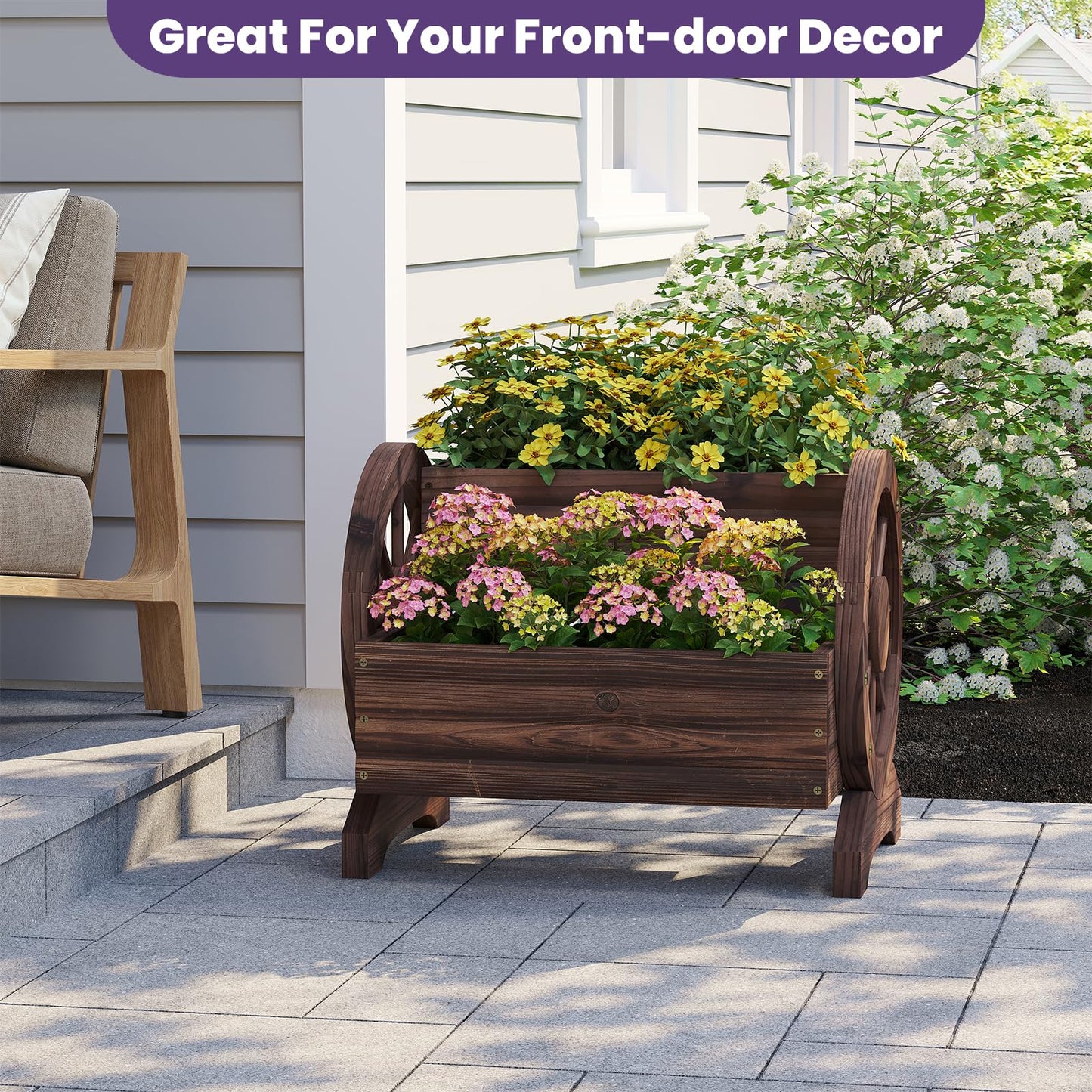 Wieghda Wooden Wagon Planter Flower Cart Farm Stand Garden Decor Planter for Outdoor Patio Balcony Decoration,Rustic Farmhouse Wishing Well Decor Succulent Planter Indoor Backyard (Carbonized)