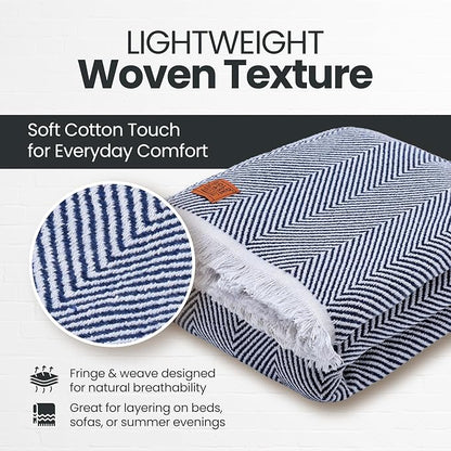 Gold Case Throw Blanket for Bed - 100% Recycled Turkish Cotton Blanket - Elegant Lightweight Soft Throw Blankets for Bed & Living Room - Queen Size Cozy Blankets - 90x90 - Navy Blue
