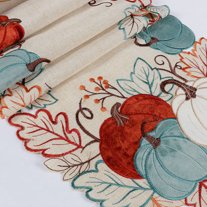 OWENIE Thanksgiving Table Runner, Fall Pumpkins Table Decor, Embroidered Harvest Pumpkin Farmhouse Placemat for Dining Table, Fall Decor for Home, Halloween Table Decorations