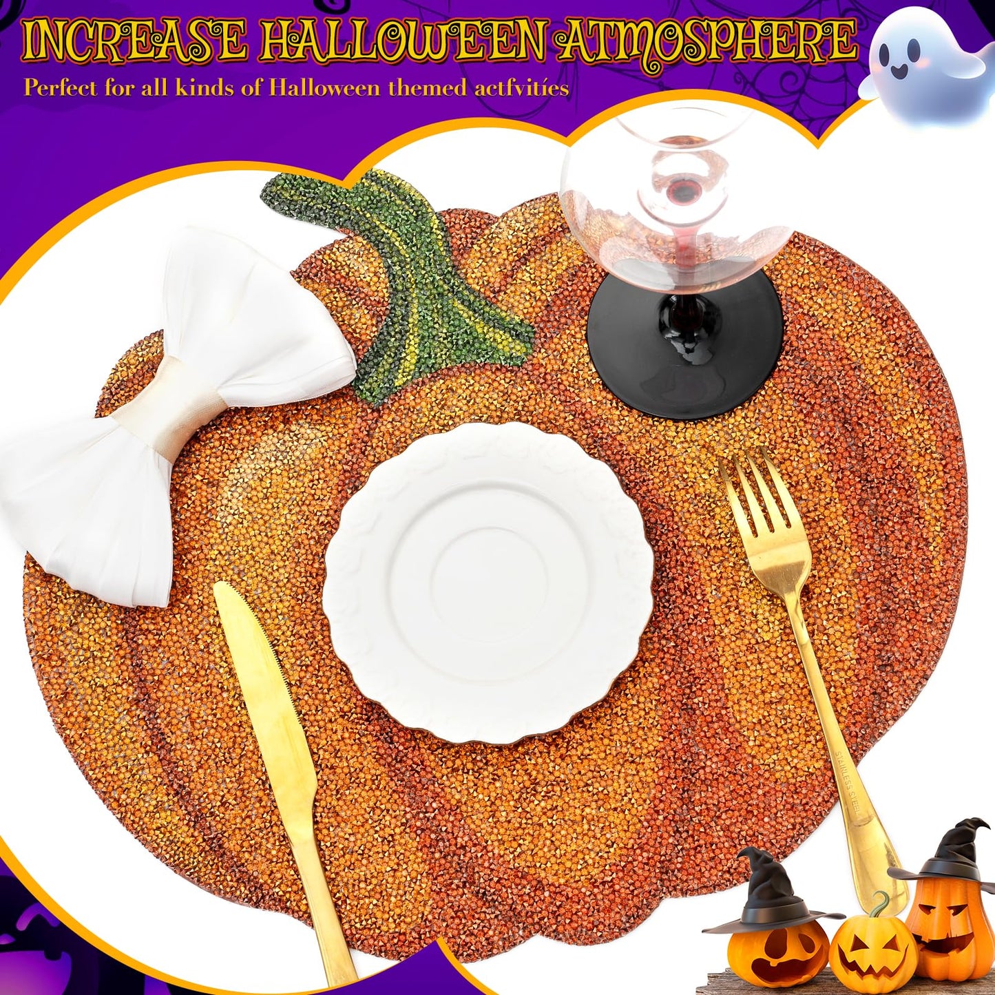 Cumouna Thanksgiving Pumpkin Placemat, Halloween Table Mats Orange Thanksgiving Fall Sparkle Pumpkin Decoration Placemat for Centerpiece Kitchen Table Party Tableware Decor
