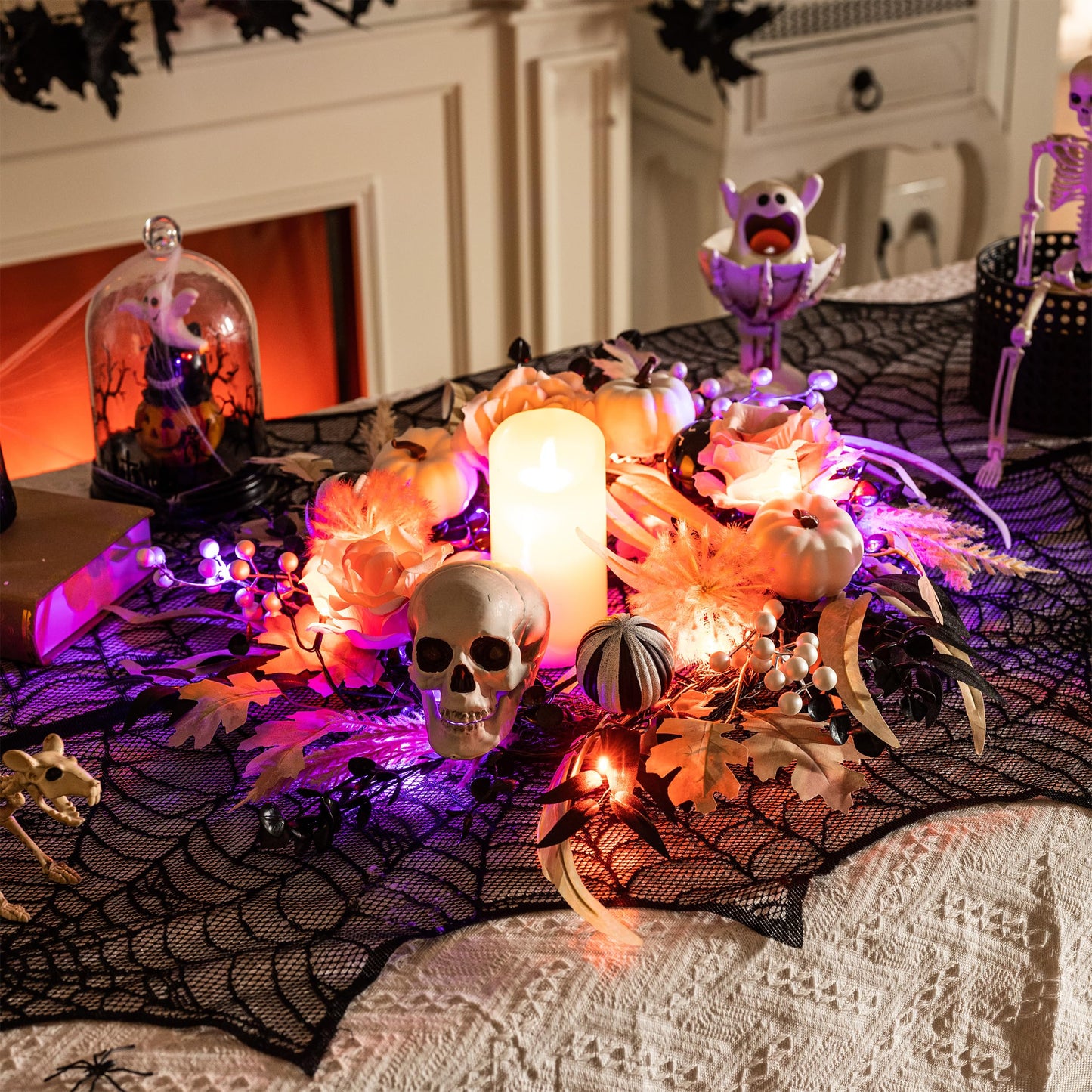 Valery Madelyn 18 Inch Halloween Wreath for Front Door with Lights, Pre-Lit Fall White Pumpkin Skull Wreath Pink Roses Halloween Decorations for Home Porch Table Centerpiece Party Holiday Autumn Decor