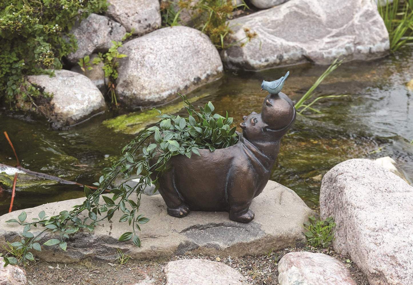 13"H Hippo with Bird Planter